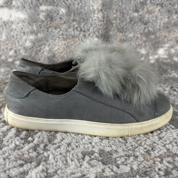 Steve Madden Size 8M Faux Fur Suede Pom Pom Puff Ball Gray Sneakers Pull On - Picture 3 of 10